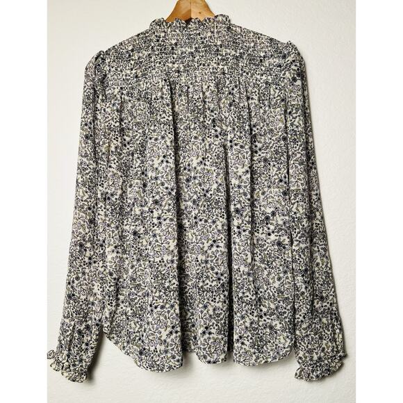 Free People Ditsy Floral Smocked Blouse Sz S Ruffle Tie Neck Boho Office Chic - Picture 11 of 12
